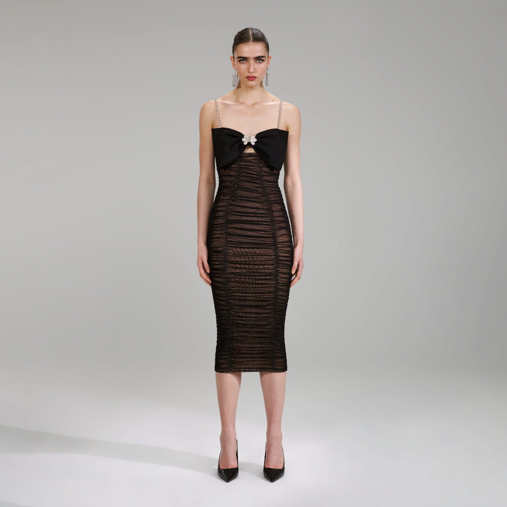 Self-Portrait Black Power Mesh Midi Dress