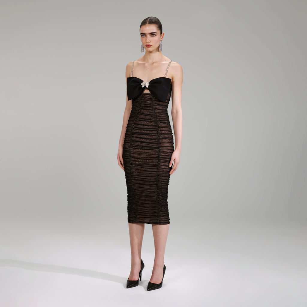 Self-Portrait Black Power Mesh Midi Dress